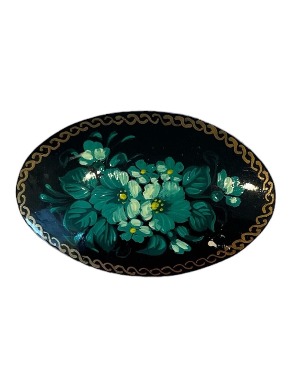 Palekh Brooch Wood Oval with Hand Painted Green Flowers